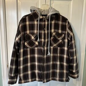 Red Head Quilted Flannel Jacket With Hood Full Zipper Brown Plaid